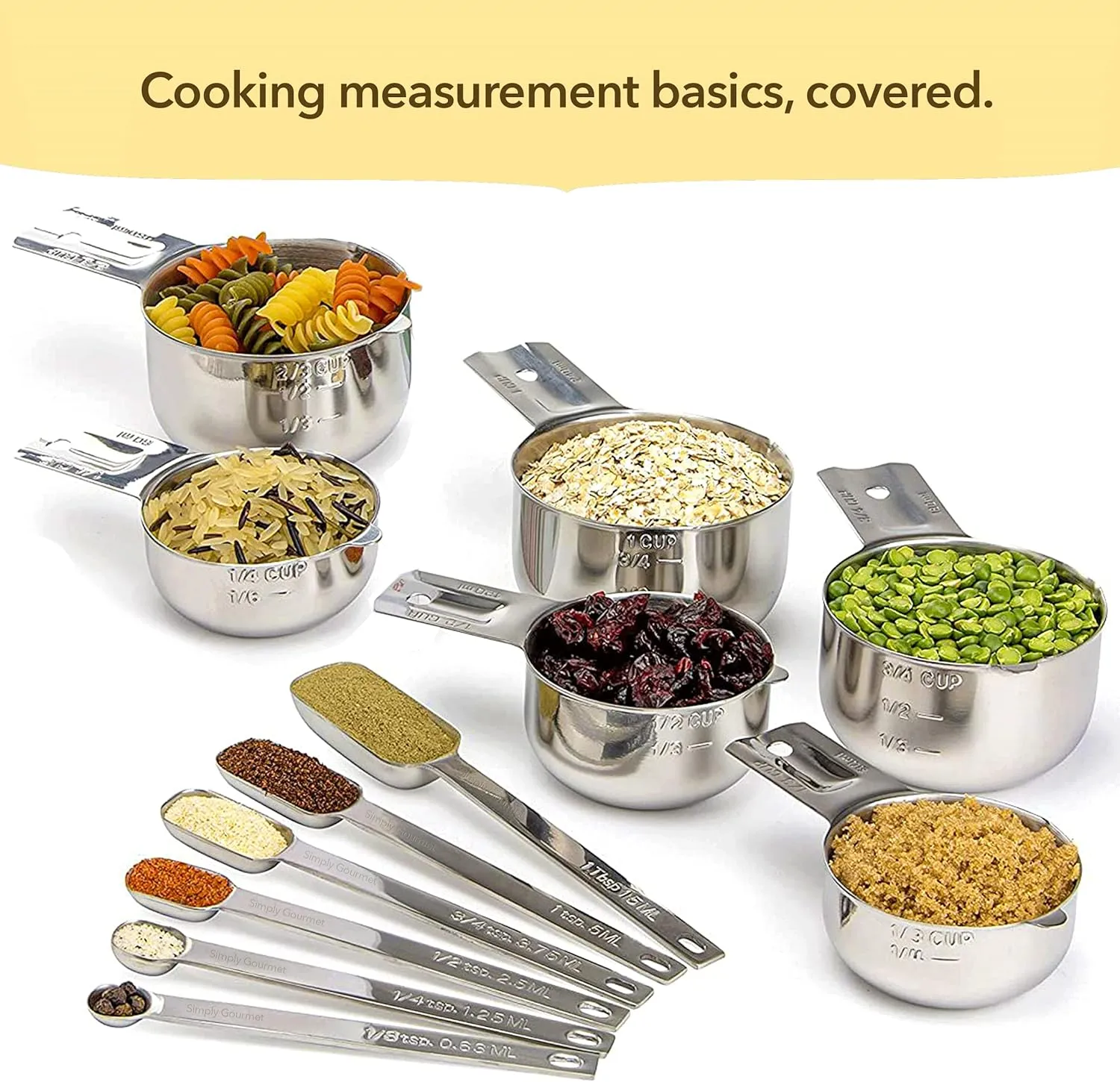 Simply Gourmet Measuring Cups and Spoons Set of 12, 304 Premium Stainless Steel, Stackable Cups Long Handle Spoons Fits Narrow Jars, Kitchen Gadgets for Liquid & Dry Ingredients Cooking Baking