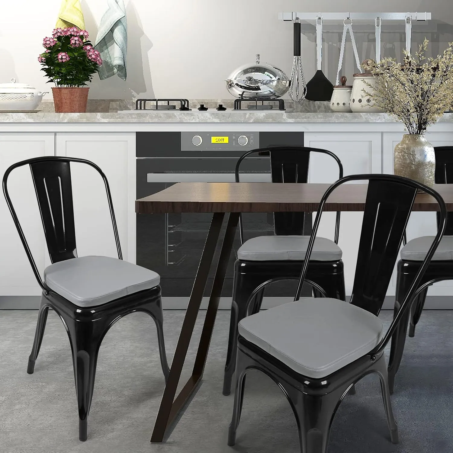 SINOSSO Modern Faux Leather 14" Metal Chair Cushions Set of 4, Leathaire Magnetic Chair Pads for Dining Kitchen Cafe Bistro Stackable Chairs (U-Shape, Dark Gray, 4)
