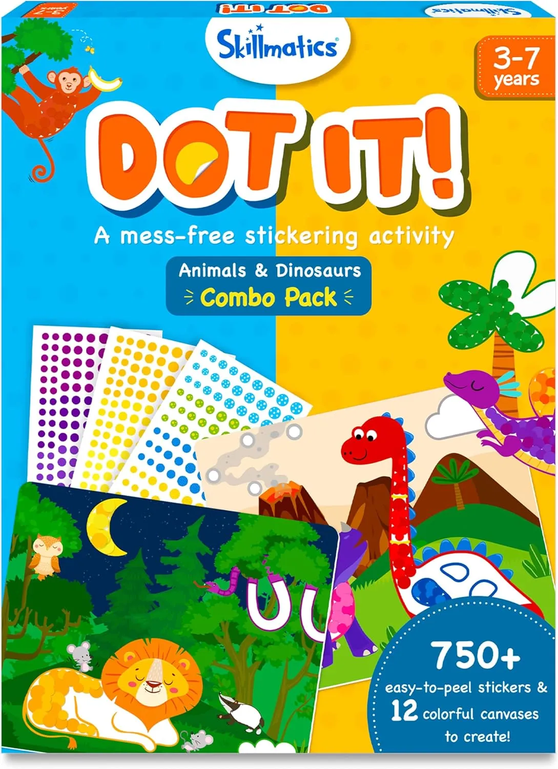 Skillmatics Dot It Sticker Art - Animals & Dinosaurs Combo, Mess-Free Fun for Kids, 750  Stickers, Craft Kits, DIY Scrapbooking Activity, Travel Toys, Gifts for Ages 3, 4, 5, 6, 7