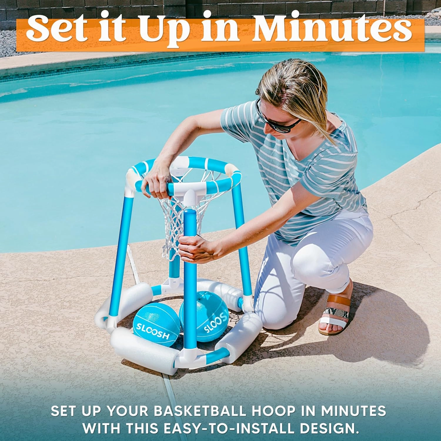 Sloosh Pool Basketball Hoop Set, Floating Basketball Pool Game, Swimming Floats Toys with Balls Pump, Summer Outdoor Water Play Toy for Kids and Adults (Blue)