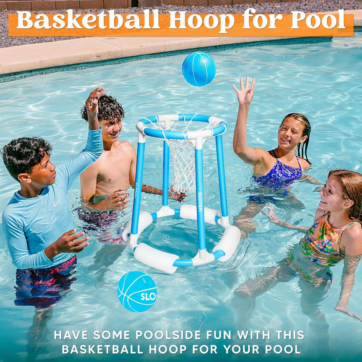 Sloosh Pool Basketball Hoop Set, Floating Basketball Pool Game, Swimming Floats Toys with Balls Pump, Summer Outdoor Water Play Toy for Kids and Adults (Blue)