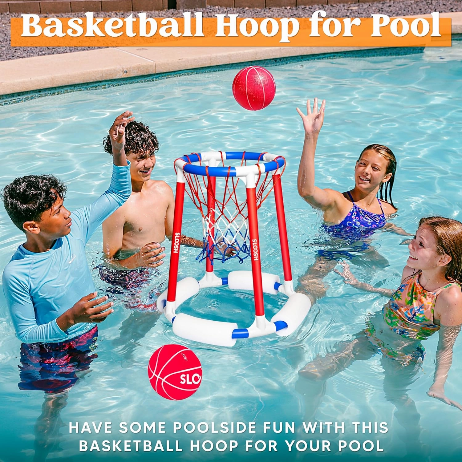 Sloosh Pool Basketball Hoop Toys, Floating Basketball Pool Game, Swimming Floats Toys with Balls Pump, Summer Outdoor Water Play Toy for Kids and Adults (Red Blue)