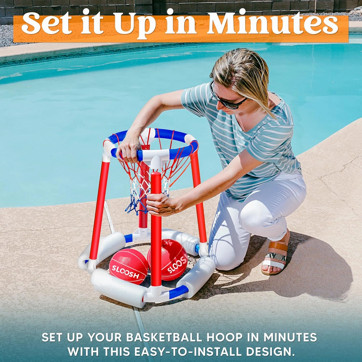 Sloosh Pool Basketball Hoop Toys, Floating Basketball Pool Game, Swimming Floats Toys with Balls Pump, Summer Outdoor Water Play Toy for Kids and Adults (Red Blue)