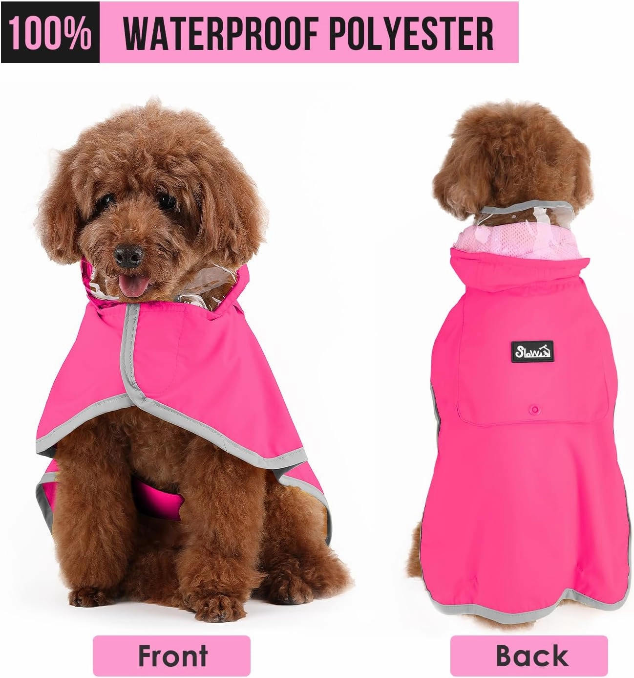 SlowTon Dog Raincoat, Adjustable Dog Rain Jacket Clear Hooded Double Layer, Waterproof Poncho with Reflective Strip Straps and Storage Pocket for Small Medium Large Dogs Puppies(FU L)