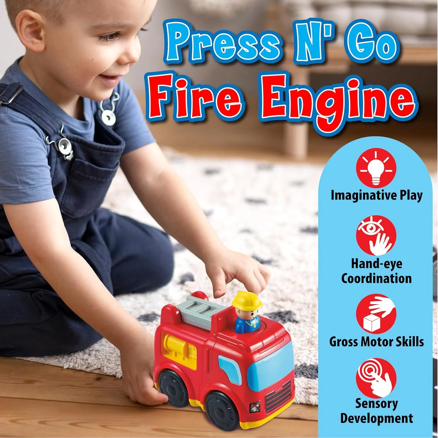 Small World Toys Fire Truck Toy: Interactive Press-to-Go Fire Trucks for Toddlers 1-3, Pretend Play Rescue Vehicle, Fire Engine Toy Gifts for Boy and Girls, Firefighter Toys for Kids