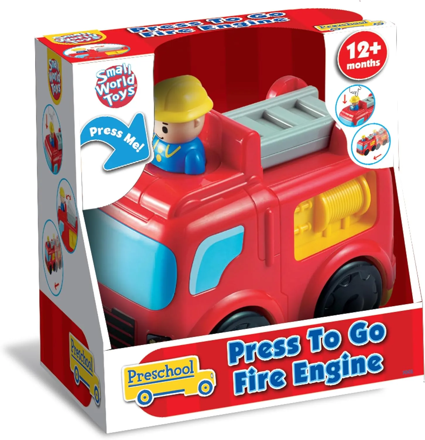 Small World Toys Fire Truck Toy: Interactive Press-to-Go Fire Trucks for Toddlers 1-3, Pretend Play Rescue Vehicle, Fire Engine Toy Gifts for Boy and Girls, Firefighter Toys for Kids