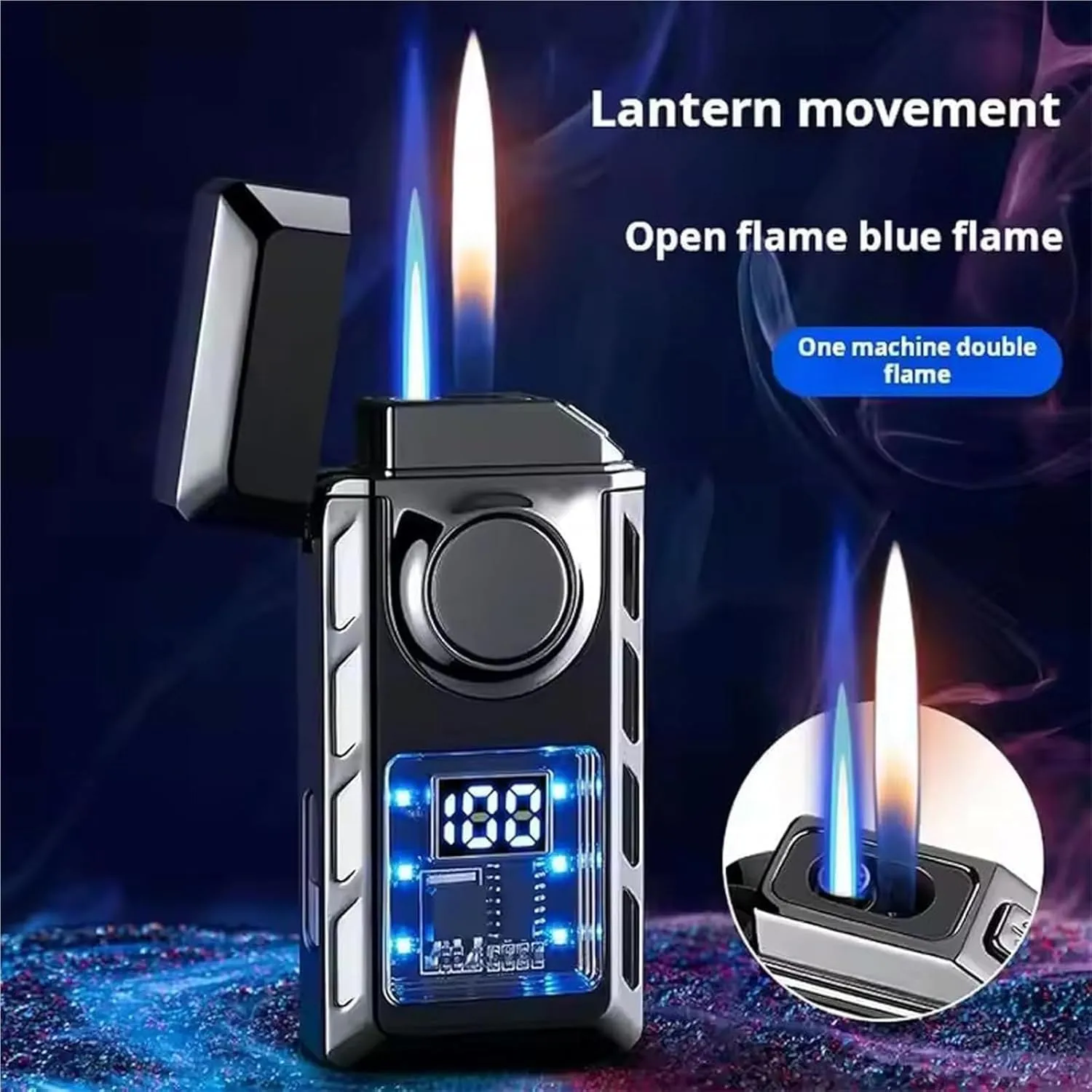 Smart Dual-Flame Butane Lighter - Adjustable Windproof Jet with RGB Lighting, Rechargeable Metal Build for Men’s EDC, Outdoor Adventures & Premium Gifts(#3)