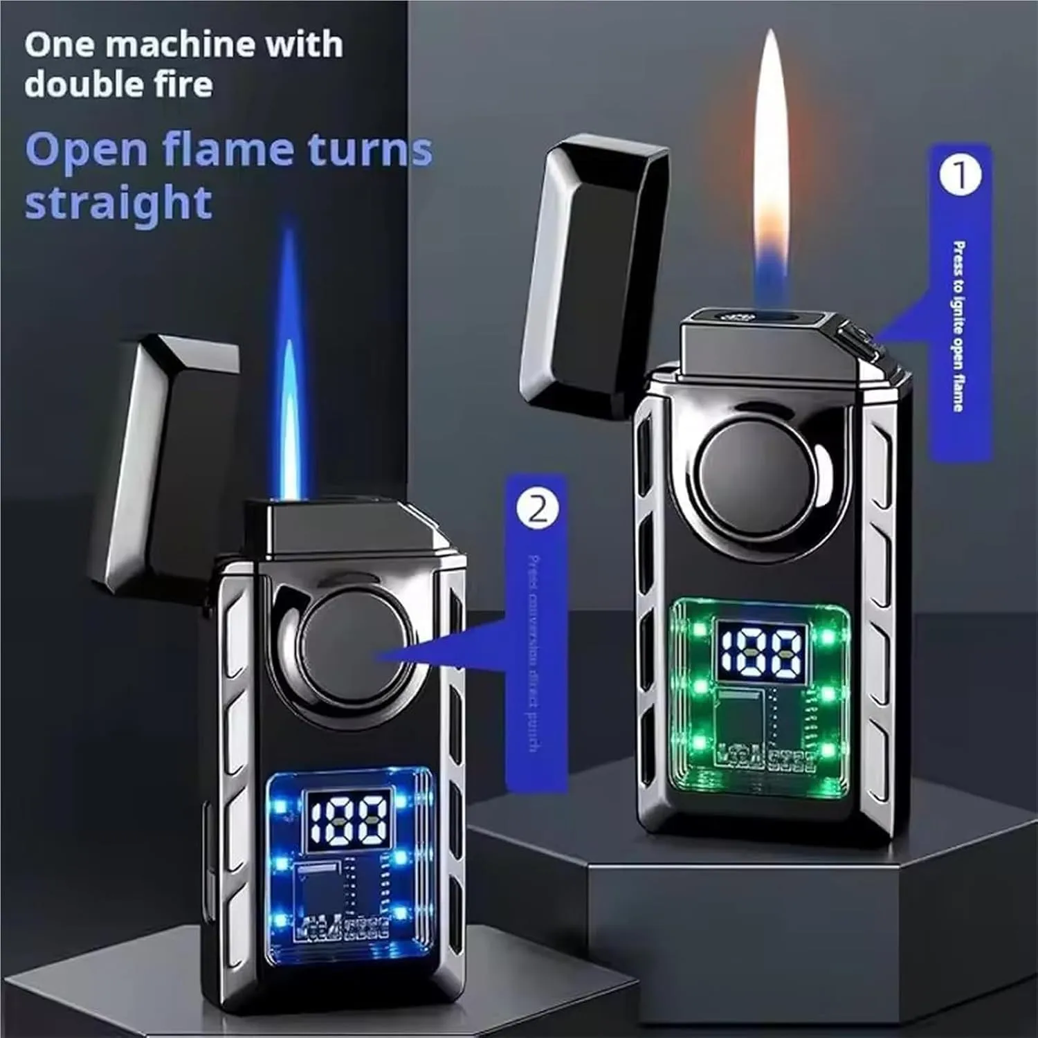 Smart Dual-Flame Butane Lighter - Adjustable Windproof Jet with RGB Lighting, Rechargeable Metal Build for Men’s EDC, Outdoor Adventures & Premium Gifts(#3)