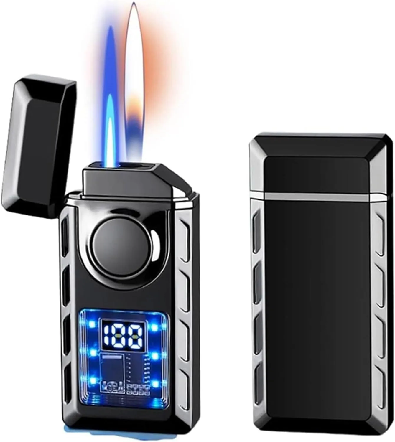 Smart Dual-Flame Butane Lighter - Adjustable Windproof Jet with RGB Lighting, Rechargeable Metal Build for Men’s EDC, Outdoor Adventures & Premium Gifts(#3)