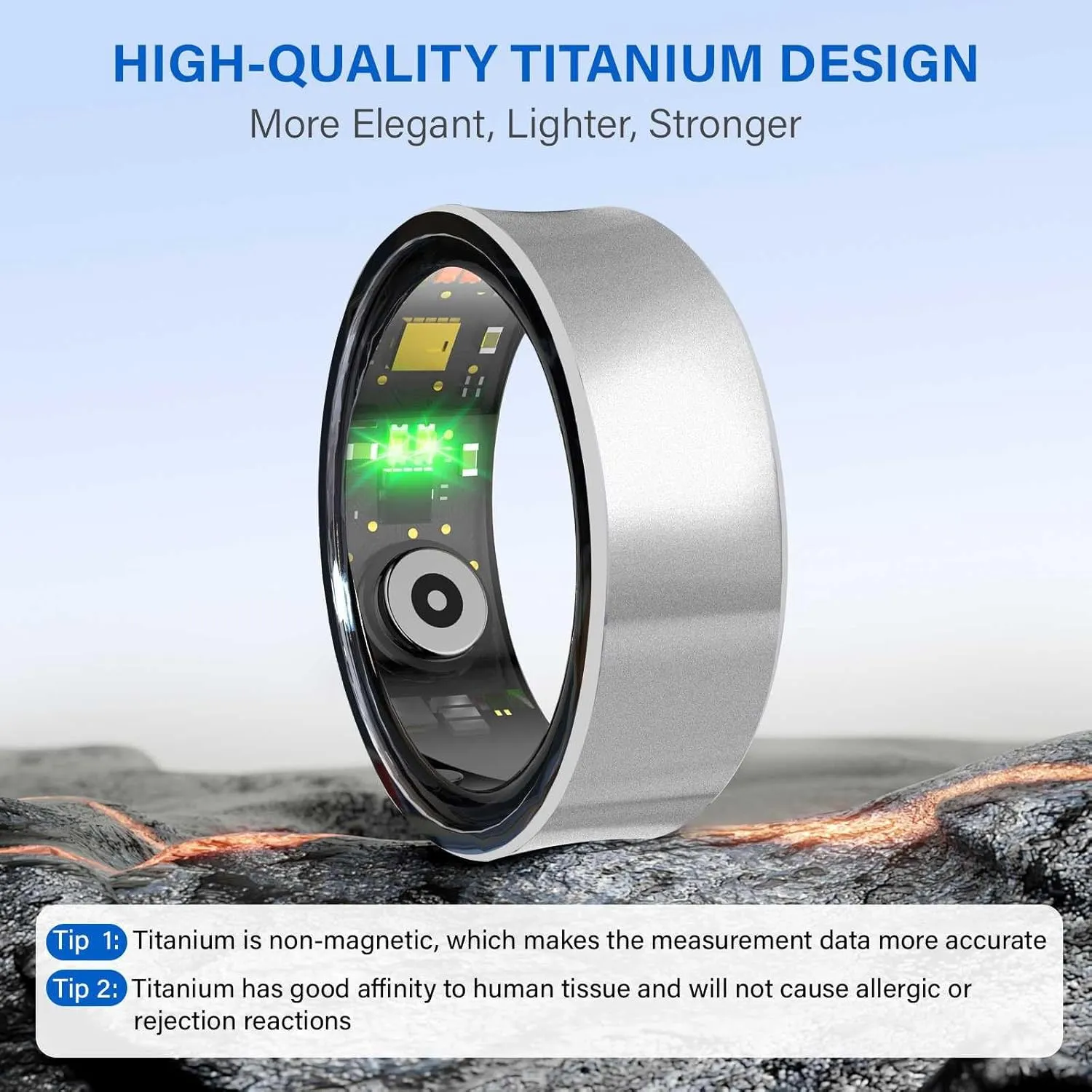 Smart Ring Fitness Tracker Ring for Men and Women - Titanium Material, Menstrual Cycle Tracker, Sleep Heart Rate Blood Oxygen Pressure Activity Steps Calories Tracker, No APP Subscription (Silver 10#)