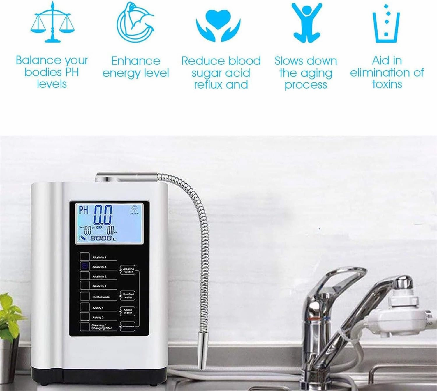 Smart Alkaline Water Ionizer, 7 Water Settings, Ph3.5-10.5 Home Water Filtration System, Up to -600mv Orp, 8000l per Filter, with Smart Voice,White-220V