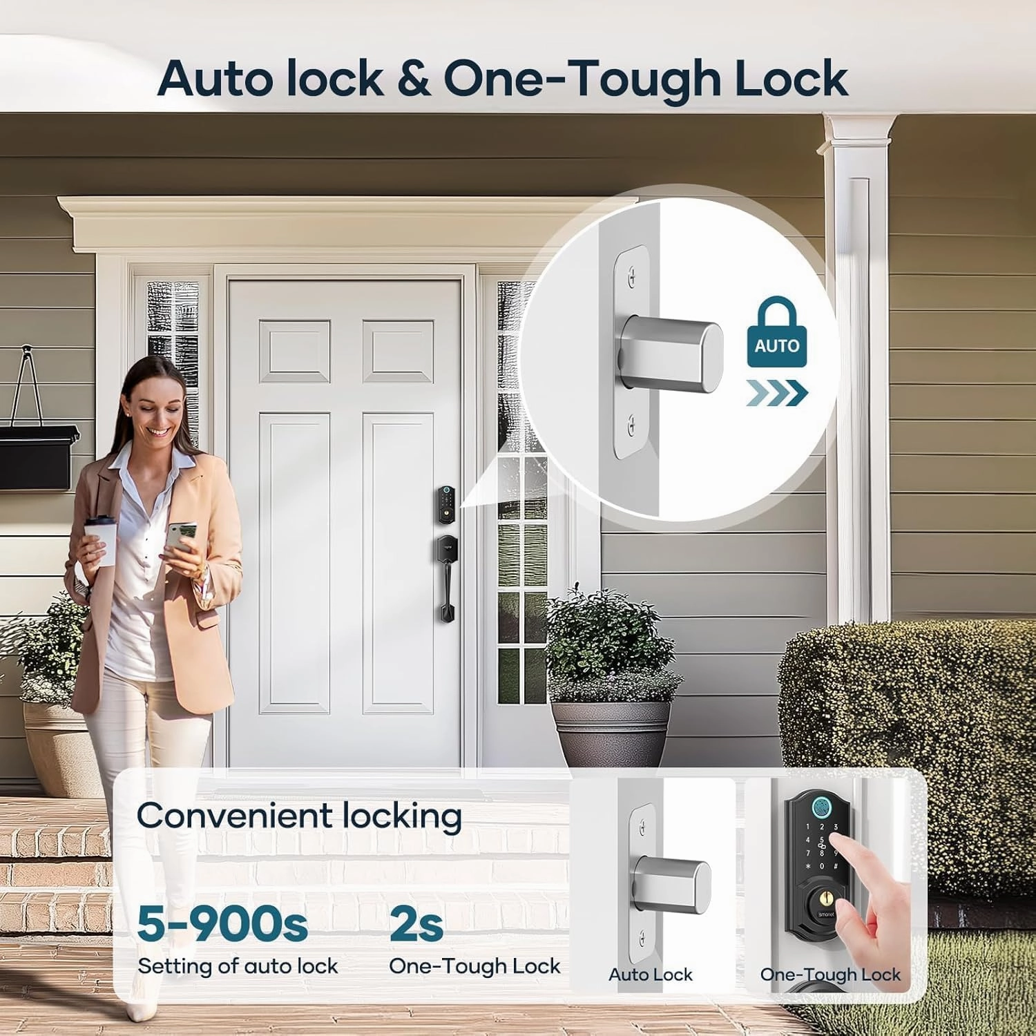 Smart Lock Front Door, SMONET Keyless Entry Door Lock with Handle, Smart Front Door Lock Set Fingerprint Smart Deadbolt Bluetooth Electronic Digital Keypad Lock, Auto Lock Work with Alexa, Black