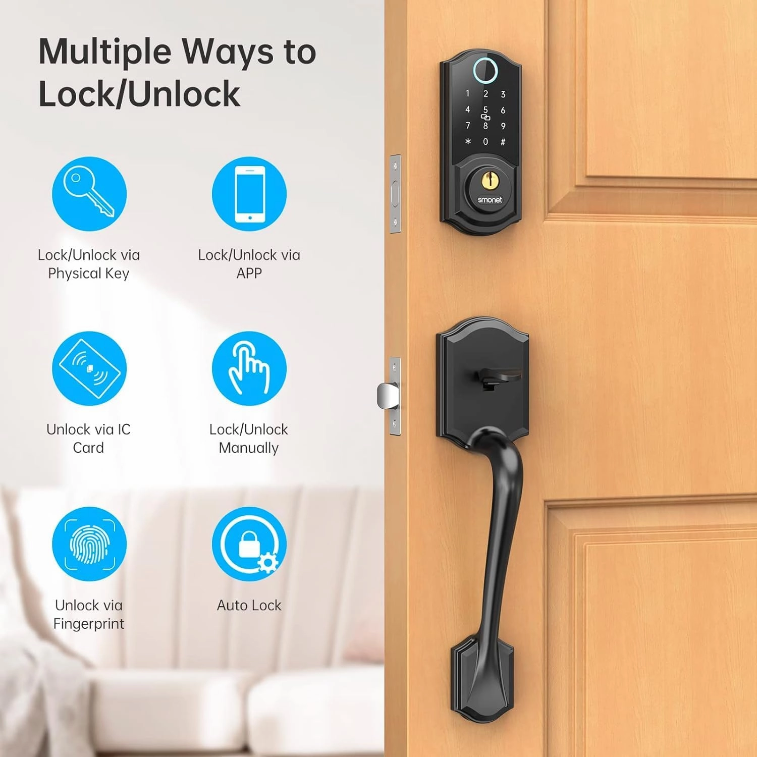 Smart Lock Front Door, SMONET Keyless Entry Door Lock with Handle, Smart Front Door Lock Set Fingerprint Smart Deadbolt Bluetooth Electronic Digital Keypad Lock, Auto Lock Work with Alexa, Black
