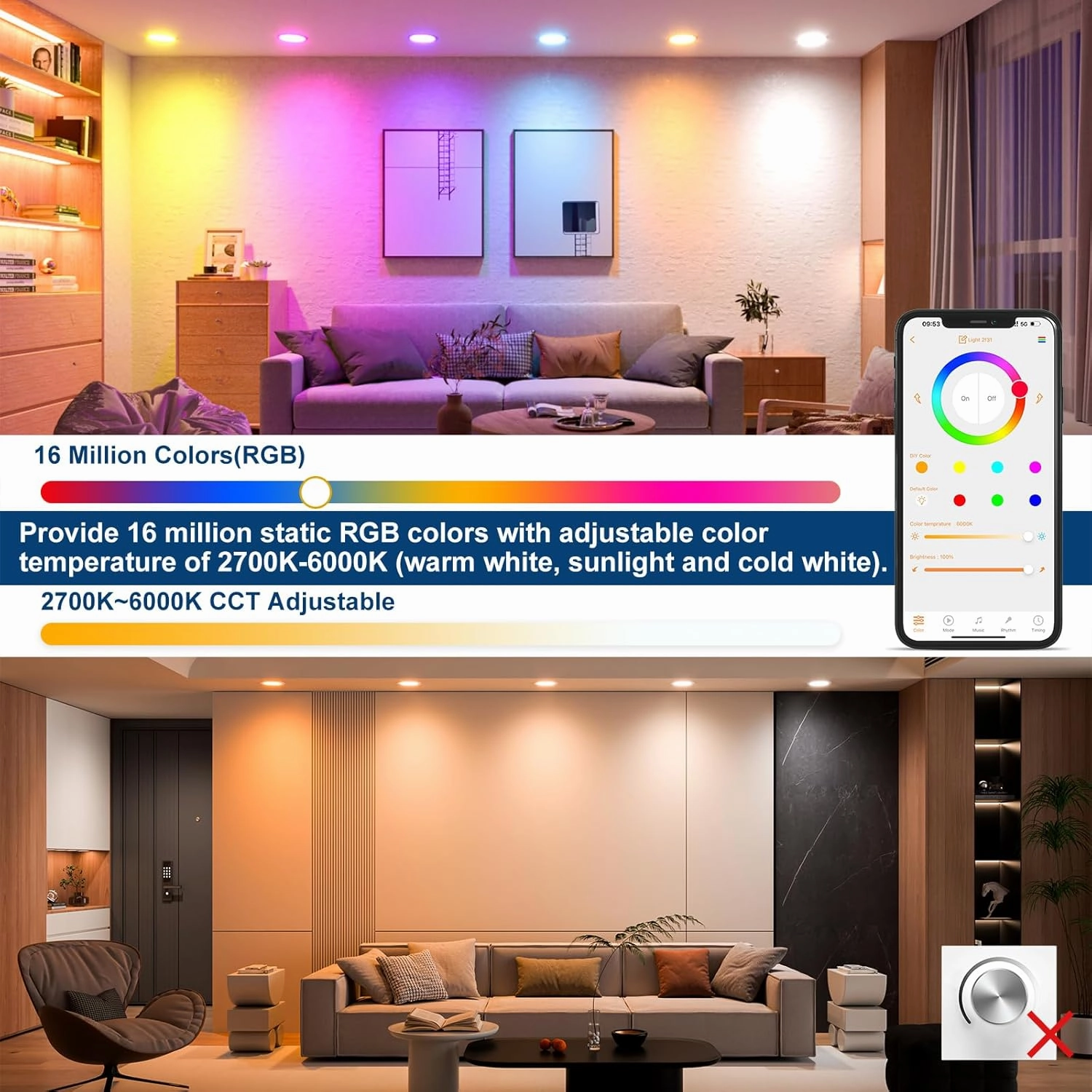 Smart Recessed Lighting 6 Inch RGBCW Color Changing 16W LED Downlight with Junction Box,1350 Lumen Recessed Ceiling Light Compatible with Alexa,Dimmable by Bluetooth Control -6Pack