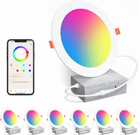 Smart Recessed Lighting 6 Inch RGBCW Color Changing 16W LED Downlight with Junction Box,1350 Lumen Recessed Ceiling Light Compatible with Alexa,Dimmable by Bluetooth Control -6Pack