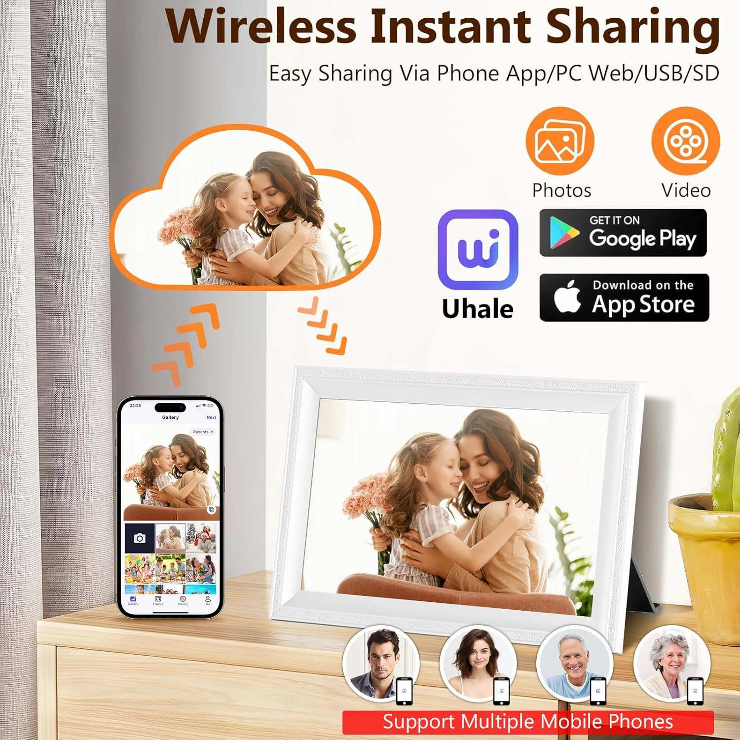 Smart White Digital Picture Frame WiFi Send Photos from Your Phone 16GB Storage 10.1inch 1280x800 IPS Touch Screen Digital Photo Frame Auto-Rotate Wall Mountable Photo Picture Frame Digital