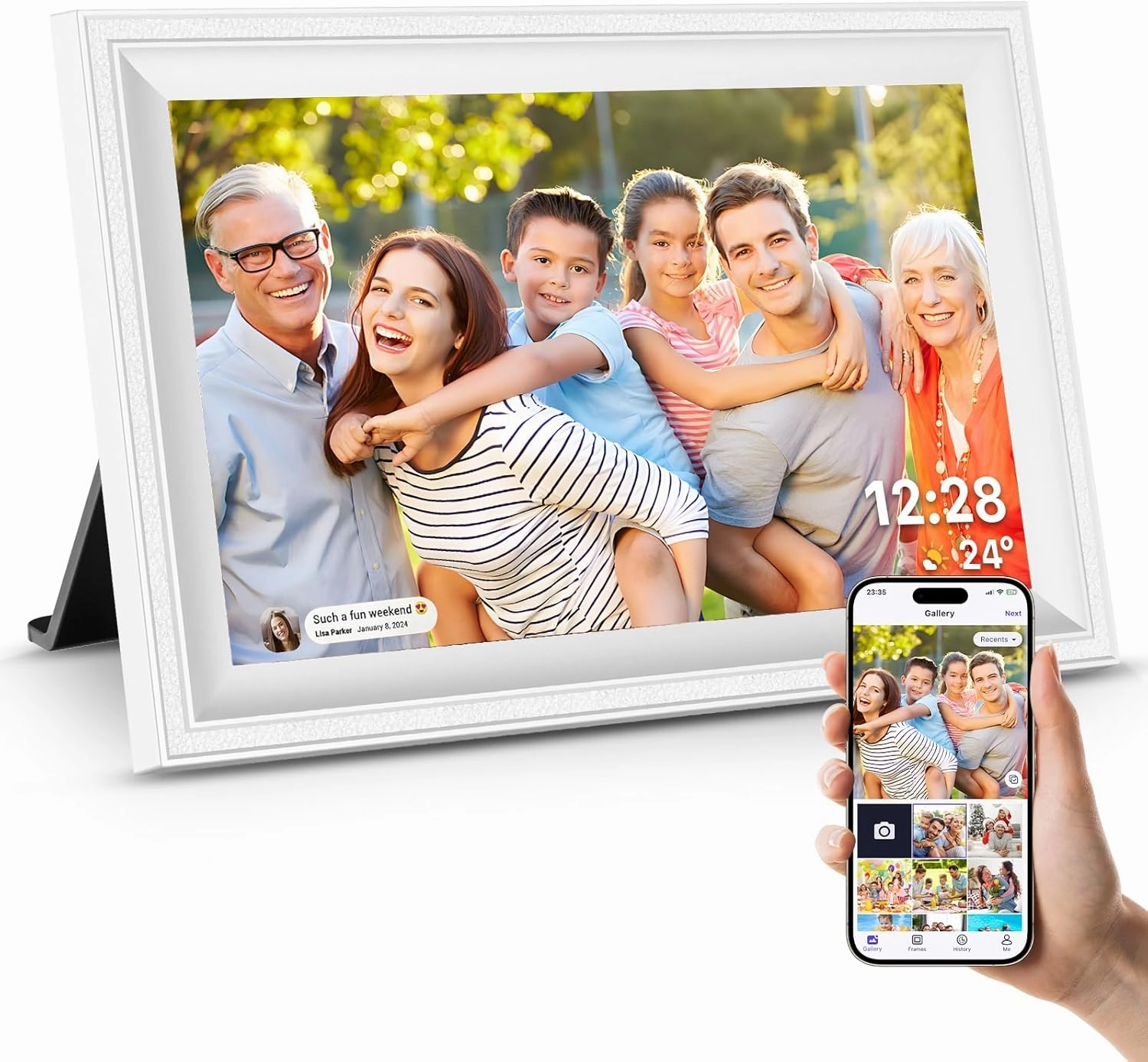Smart White Digital Picture Frame WiFi Send Photos from Your Phone 16GB Storage 10.1inch 1280x800 IPS Touch Screen Digital Photo Frame Auto-Rotate Wall Mountable Photo Picture Frame Digital