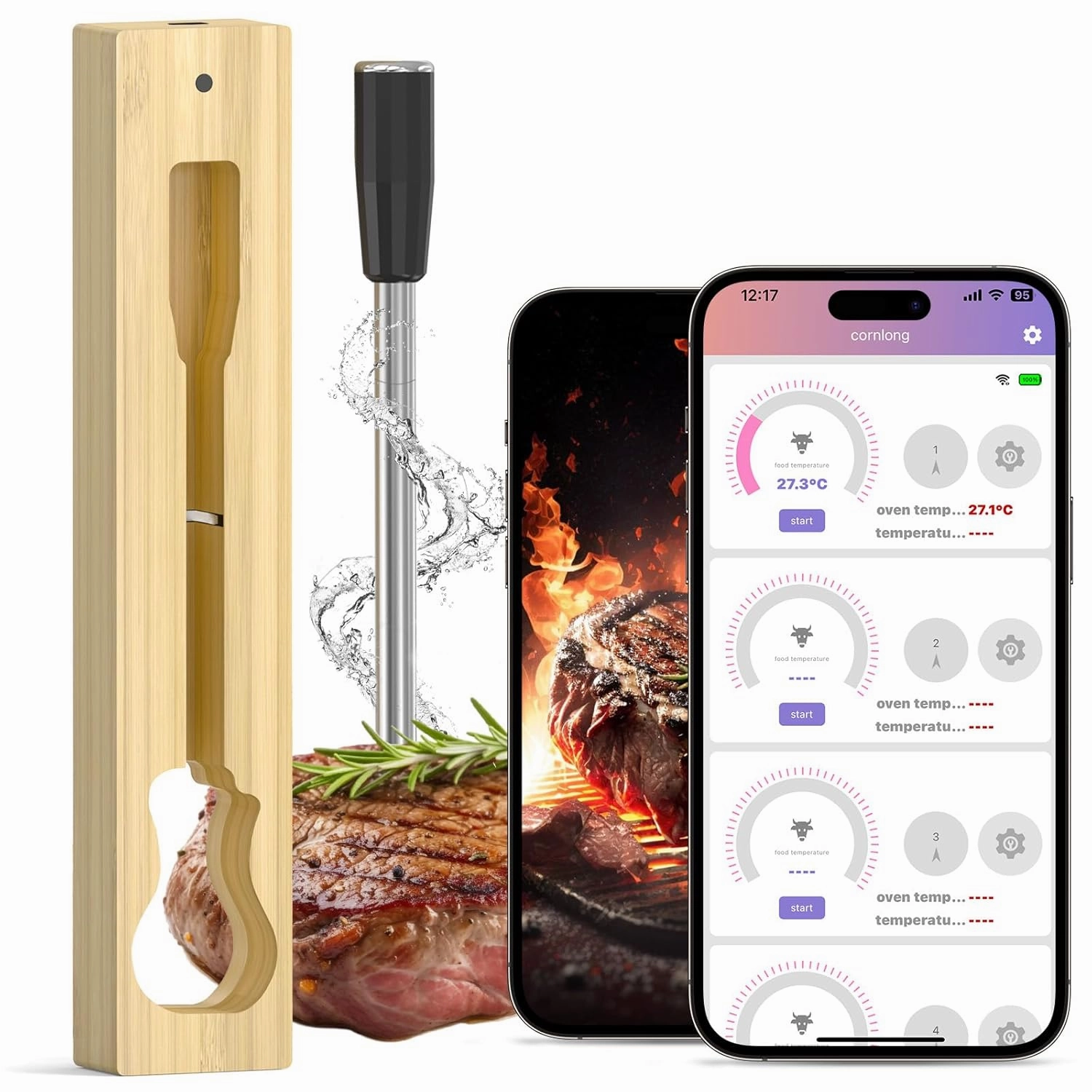 Smart Wireless Meat Thermometer Digital: Bluetooth WiFi Instant Read Food Thermometer Probe for Cooking,BBQ, Oven,Grill,Smoker,Air Fryer | Multi Sensors | Heat Resistance| Long Range|Fast Charging