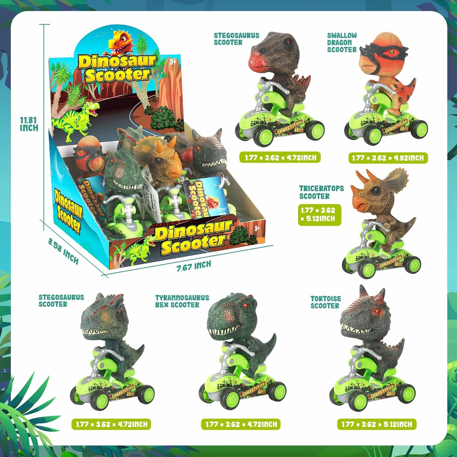 SMILESSKIDDO Dino Pull Back Cars - 6 Packs Dinosaur Cars, Dinosaur Toys, Finger Scooter, Mini T-Rex & Triceratops Toys, Stocking Stuffers for Kids Boys & Girls Age 3 4 5 6