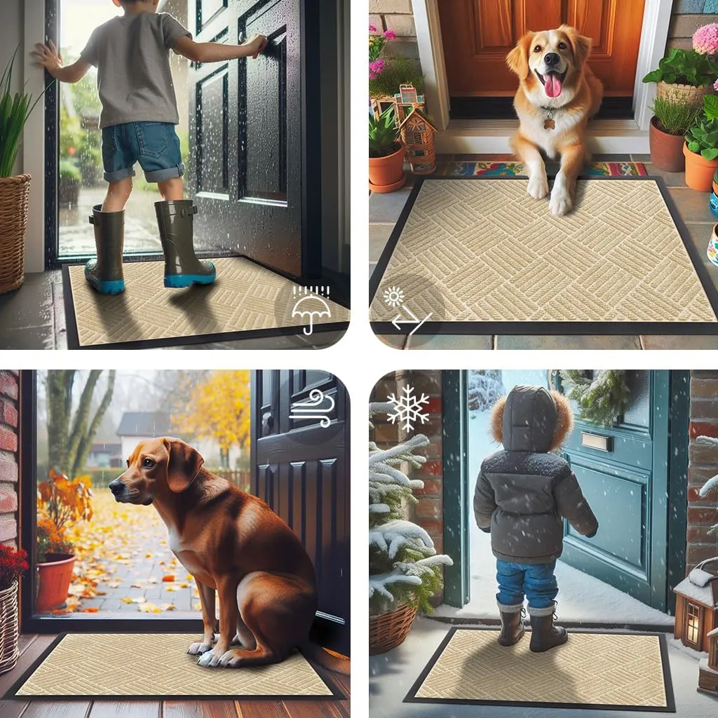 Smiry Front Door Mat Outside Entrance, Heavy Duty Outdoor Indoor Natural Rubber Doormat, Non Slip, Trap Dirt and Moisture, Easy Clean, Low Profile Patio Porch Entryway Mat, 29.5x17, Beige
