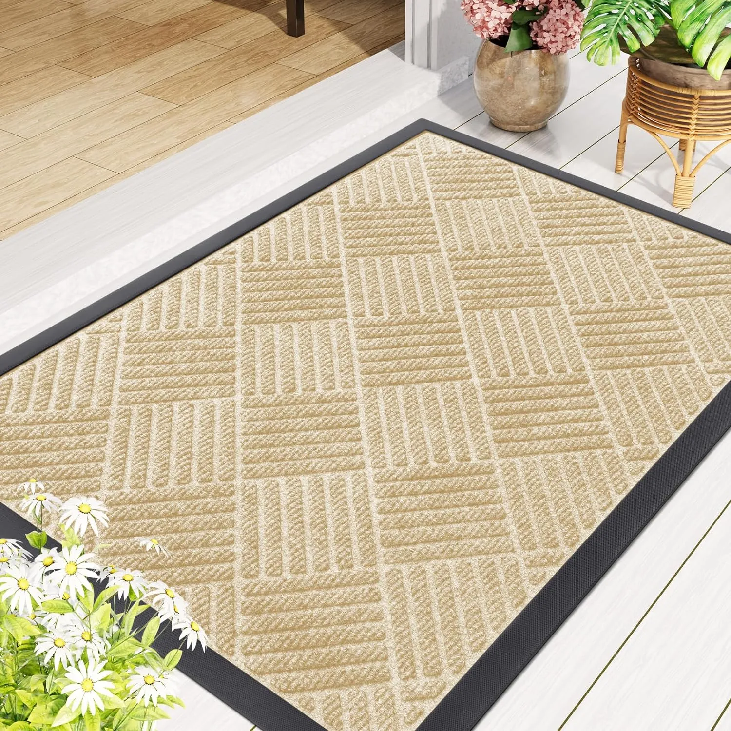 Smiry Front Door Mat Outside Entrance, Heavy Duty Outdoor Indoor Natural Rubber Doormat, Non Slip, Trap Dirt and Moisture, Easy Clean, Low Profile Patio Porch Entryway Mat, 29.5x17, Beige