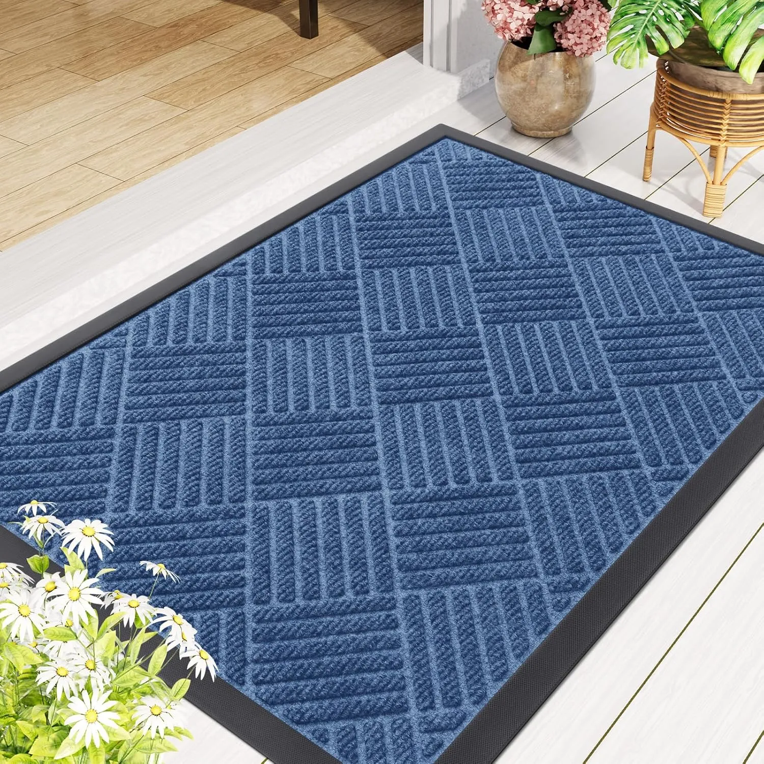 Smiry Front Door Mat Outside Entrance, Heavy Duty Outdoor Indoor Natural Rubber Doormat, Non Slip, Trap Dirt and Moisture, Easy Clean, Low Profile Patio Porch Entryway Mat, 29.5x17, Blue