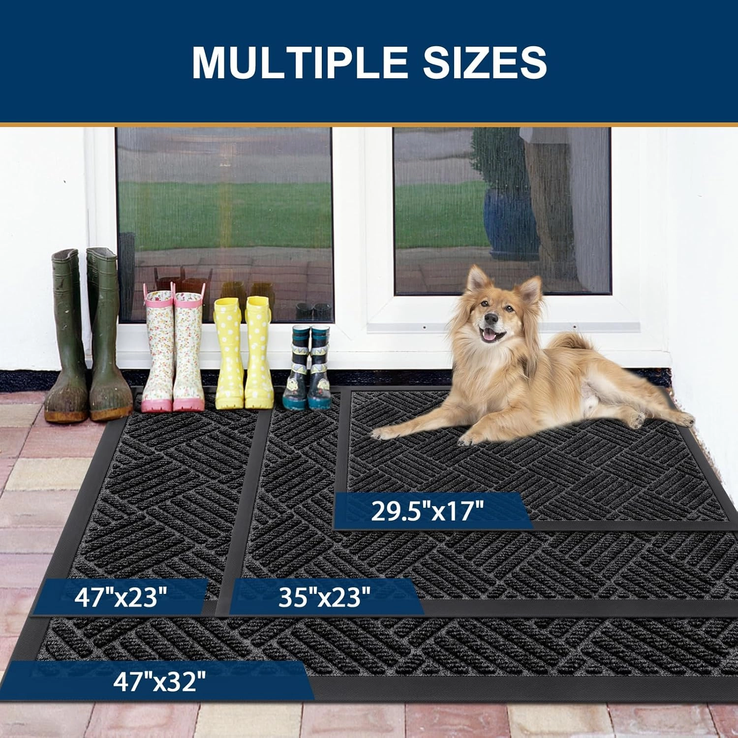 Smiry Front Door Mat Outside Entrance, Heavy Duty Outdoor Indoor Natural Rubber Doormat, Non Slip, Trap Dirt and Moisture, Easy Clean, Low Profile Patio Porch Entryway Mat, 29.5x17, Black