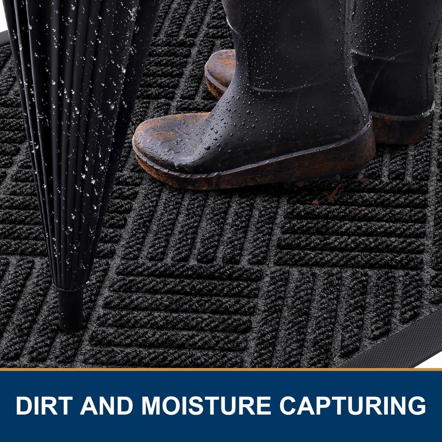 Smiry Front Door Mat Outside Entrance, Heavy Duty Outdoor Indoor Natural Rubber Doormat, Non Slip, Trap Dirt and Moisture, Easy Clean, Low Profile Patio Porch Entryway Mat, 29.5x17, Black
