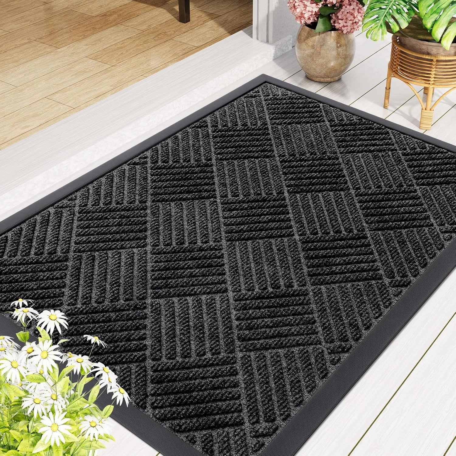 Smiry Front Door Mat Outside Entrance, Heavy Duty Outdoor Indoor Natural Rubber Doormat, Non Slip, Trap Dirt and Moisture, Easy Clean, Low Profile Patio Porch Entryway Mat, 29.5x17, Black