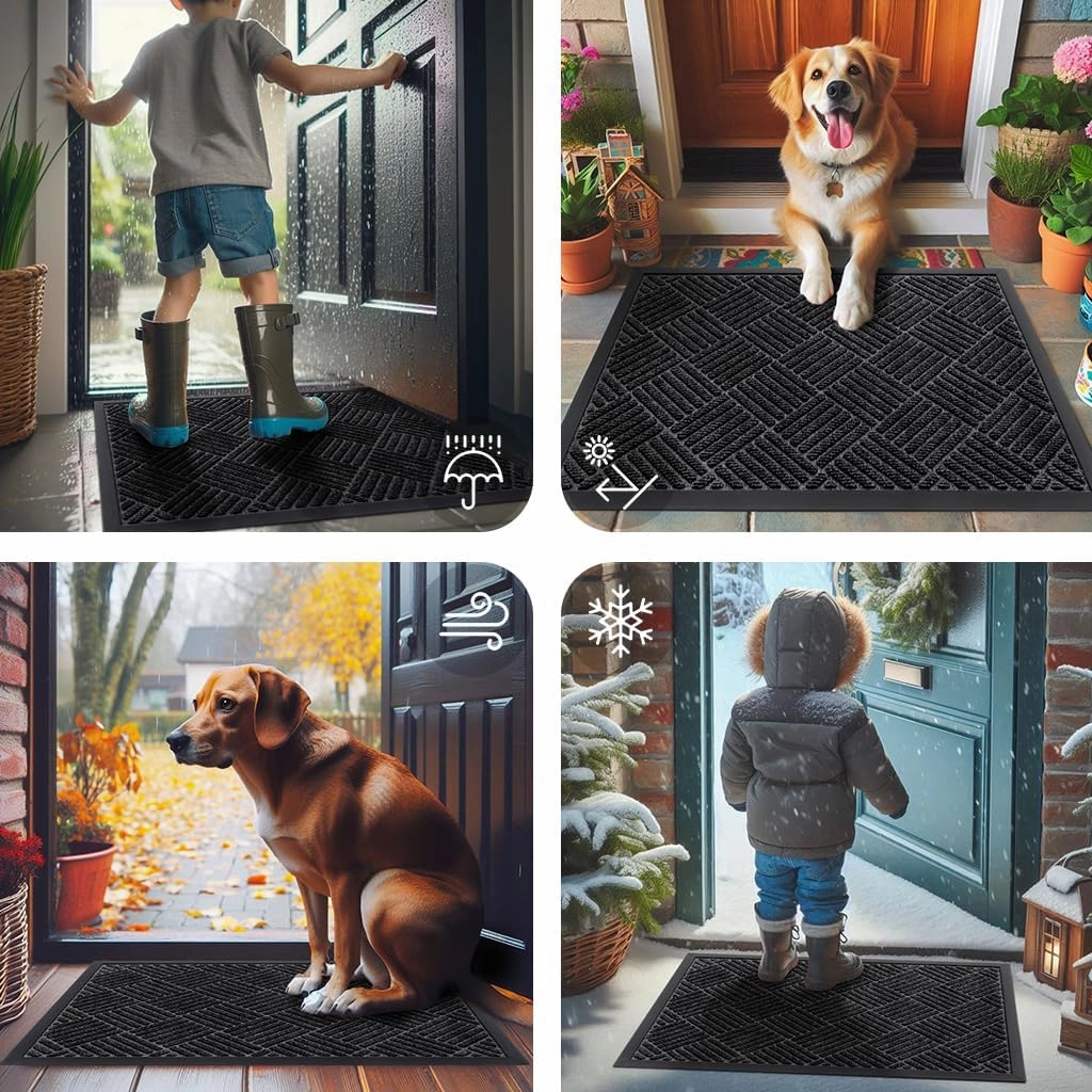 Smiry Front Door Mat Outside Entrance, Heavy Duty Outdoor Indoor Natural Rubber Doormat, Non Slip, Trap Dirt and Moisture, Easy Clean, Low Profile Patio Porch Entryway Mat, 29.5x17, Black
