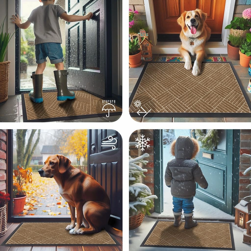 Smiry Front Door Mat Outside Entrance, Heavy Duty Outdoor Indoor Natural Rubber Doormat, Non Slip, Trap Dirt and Moisture, Easy Clean, Low Profile Patio Porch Entryway Mat, 29.5x17, Coffee