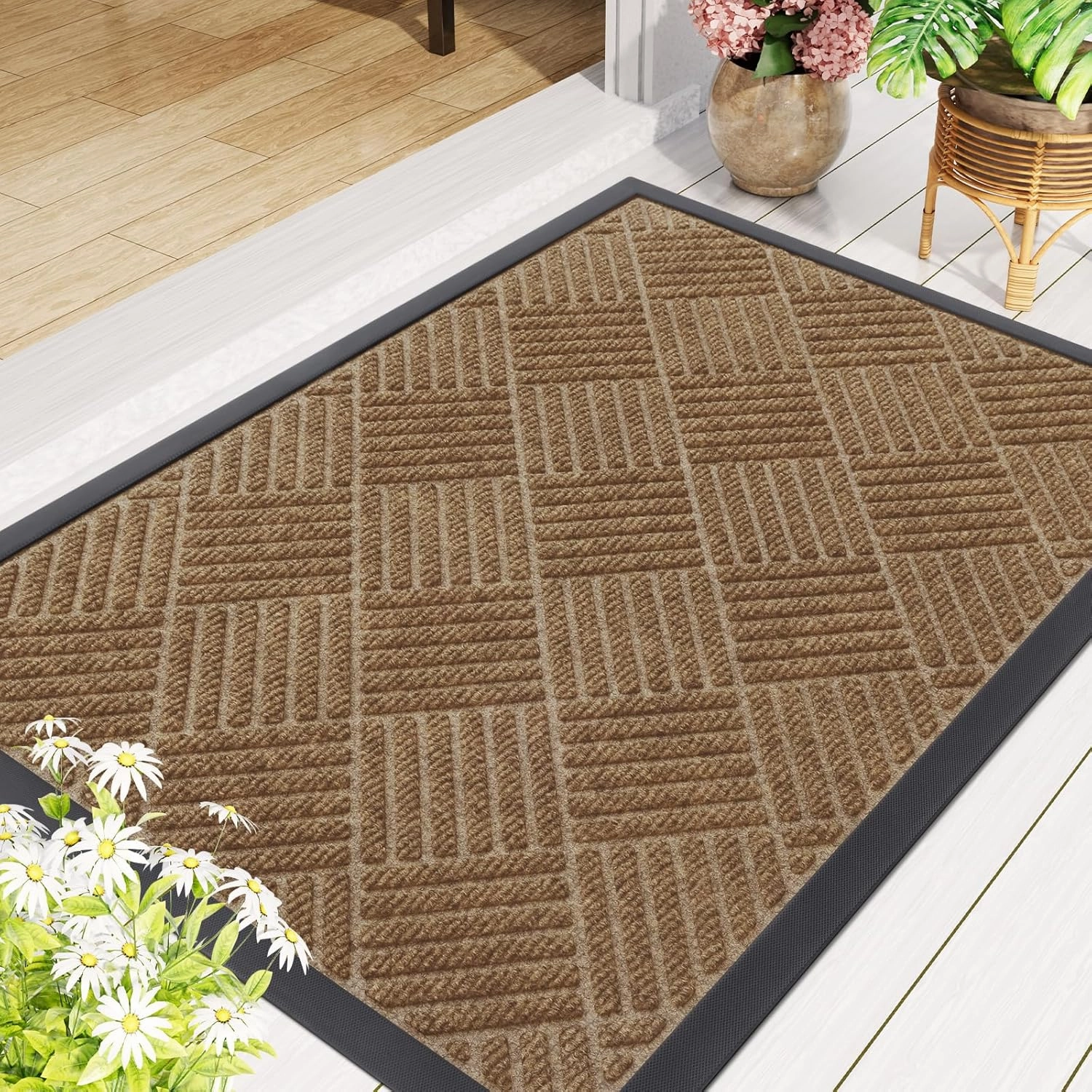 Smiry Front Door Mat Outside Entrance, Heavy Duty Outdoor Indoor Natural Rubber Doormat, Non Slip, Trap Dirt and Moisture, Easy Clean, Low Profile Patio Porch Entryway Mat, 29.5x17, Coffee