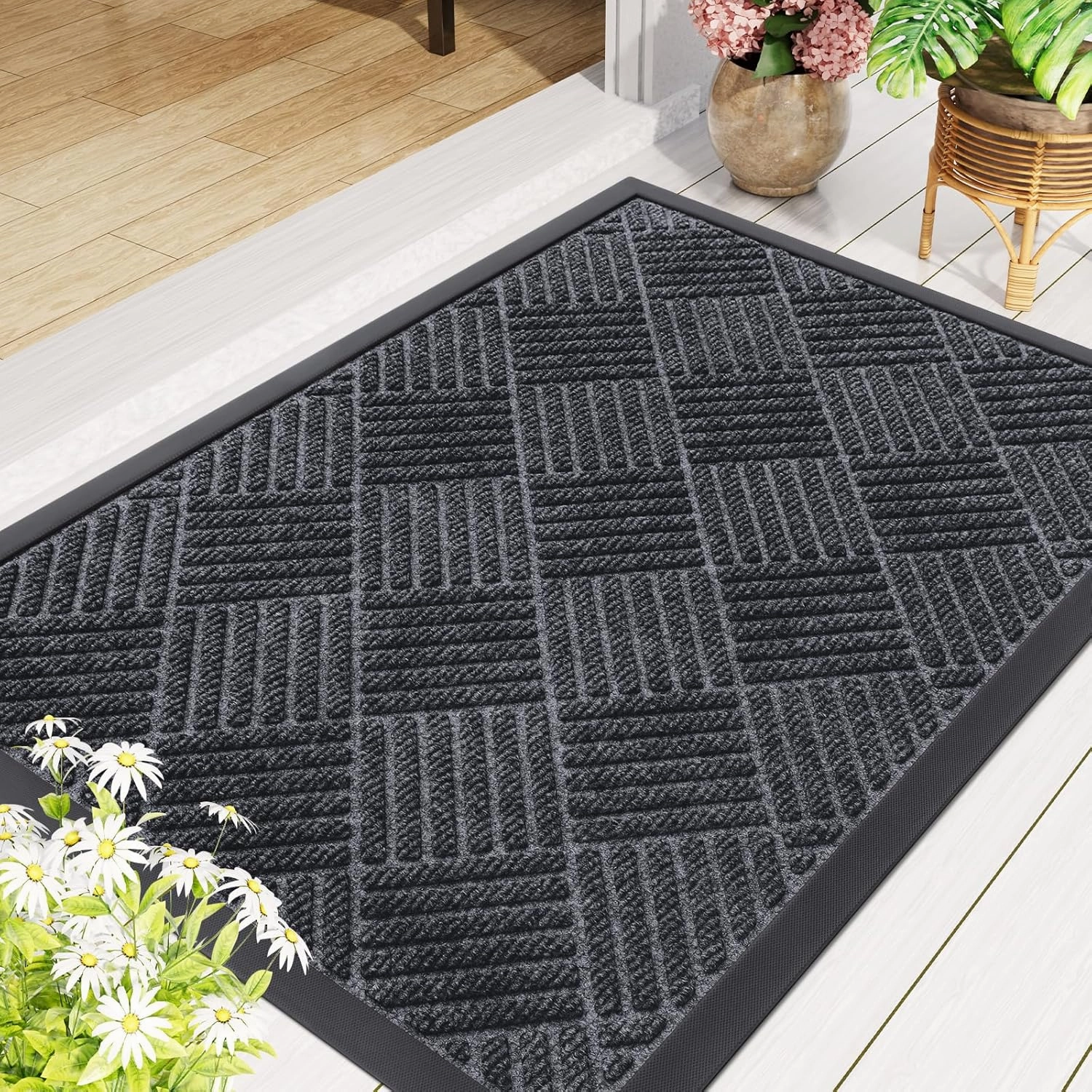 Smiry Front Door Mat Outside Entrance, Heavy Duty Outdoor Indoor Natural Rubber Doormat, Non Slip, Trap Dirt and Moisture, Easy Clean, Low Profile Patio Porch Entryway Mat, 29.5x17, Dark Grey