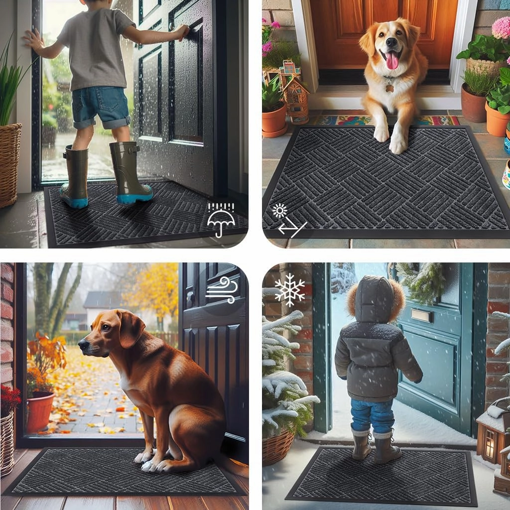 Smiry Front Door Mat Outside Entrance, Heavy Duty Outdoor Indoor Natural Rubber Doormat, Non Slip, Trap Dirt and Moisture, Easy Clean, Low Profile Patio Porch Entryway Mat, 29.5x17, Dark Grey