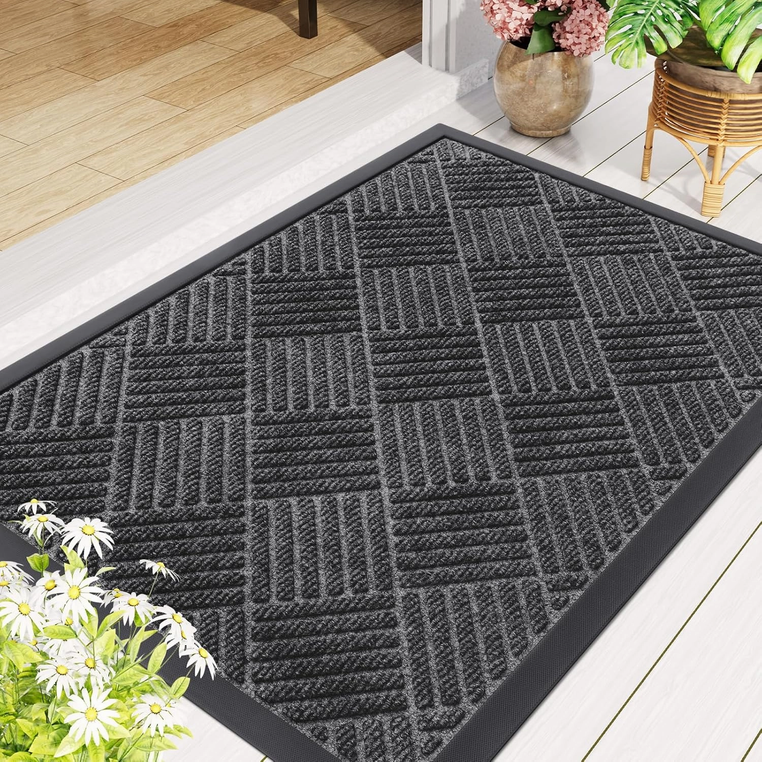 Smiry Front Door Mat Outside Entrance, Heavy Duty Outdoor Indoor Natural Rubber Doormat, Non Slip, Trap Dirt and Moisture, Easy Clean, Low Profile Patio Porch Entryway Mat, 29.5x17, Light Grey