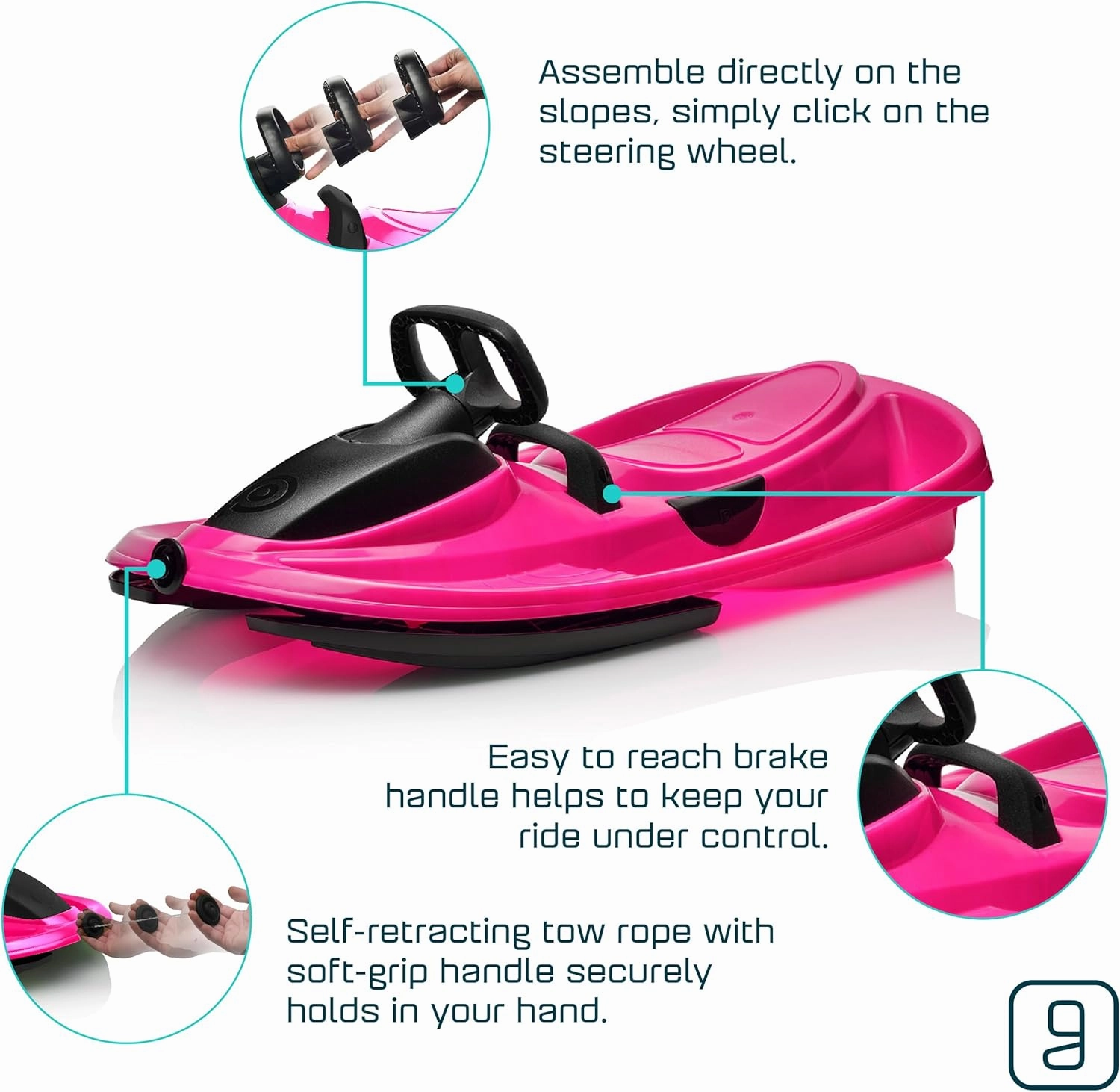 Snow Sled for Kids, Adults - Toboggan Sled, Easy Turning Steering Wheel, Anti-Slip Seat, Pull Up Brake, Durable Plastic Sled, Lightweight, Snow Sleds, Age 3  260 lbs