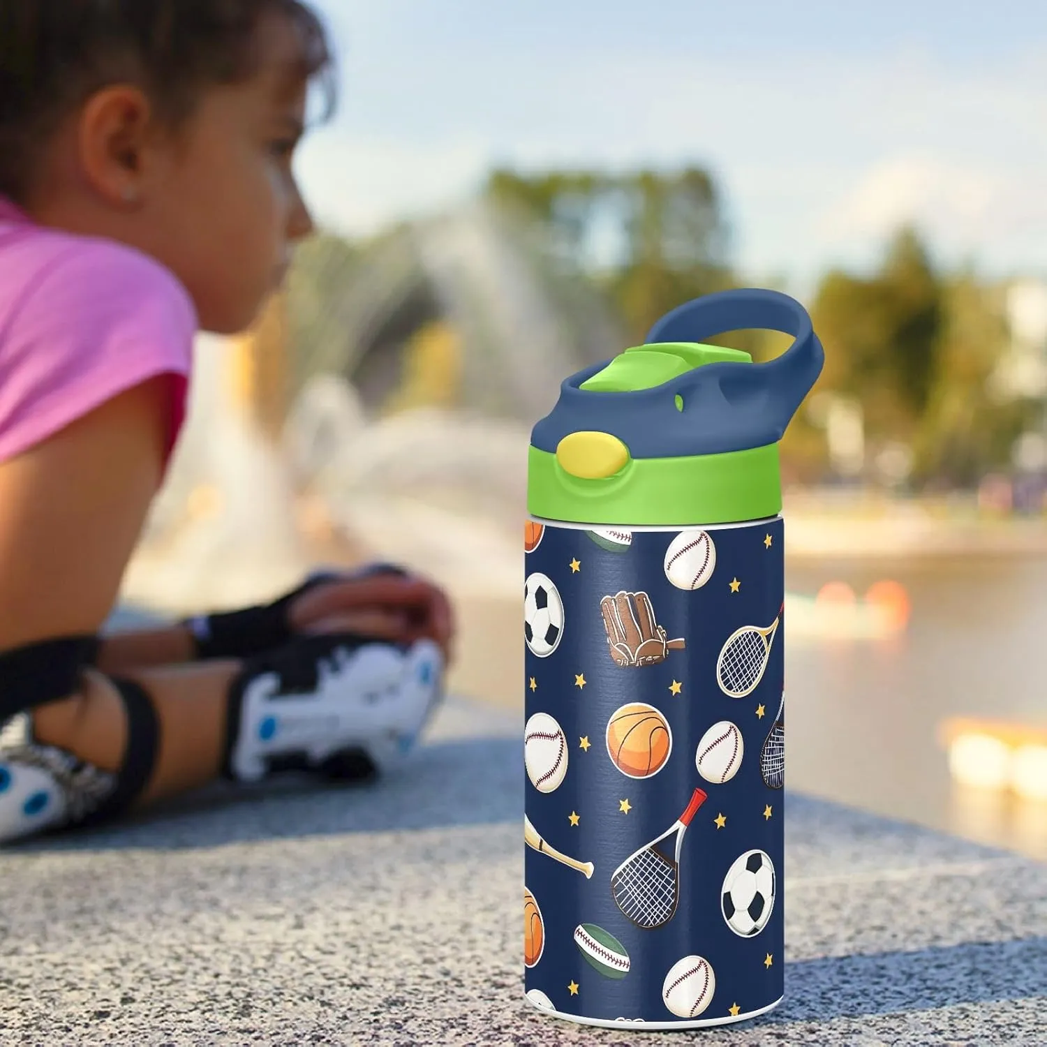 Soccer Basketball Tennis Kids Water Bottle with Straw Lid Insulated Tumbler with Handle Stainless Steel Reusable Toddlers Cup for Kids Boys 12 oz
