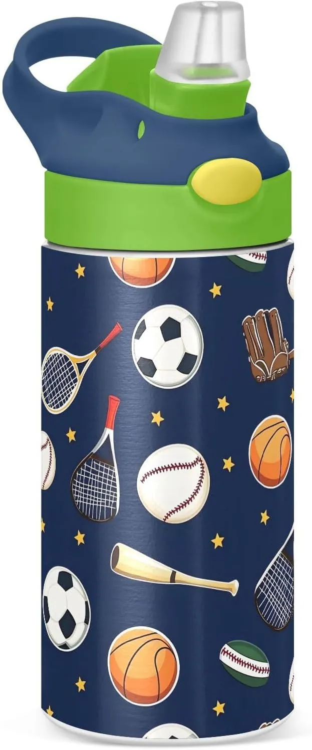 Soccer Basketball Tennis Kids Water Bottle with Straw Lid Insulated Tumbler with Handle Stainless Steel Reusable Toddlers Cup for Kids Boys 12 oz