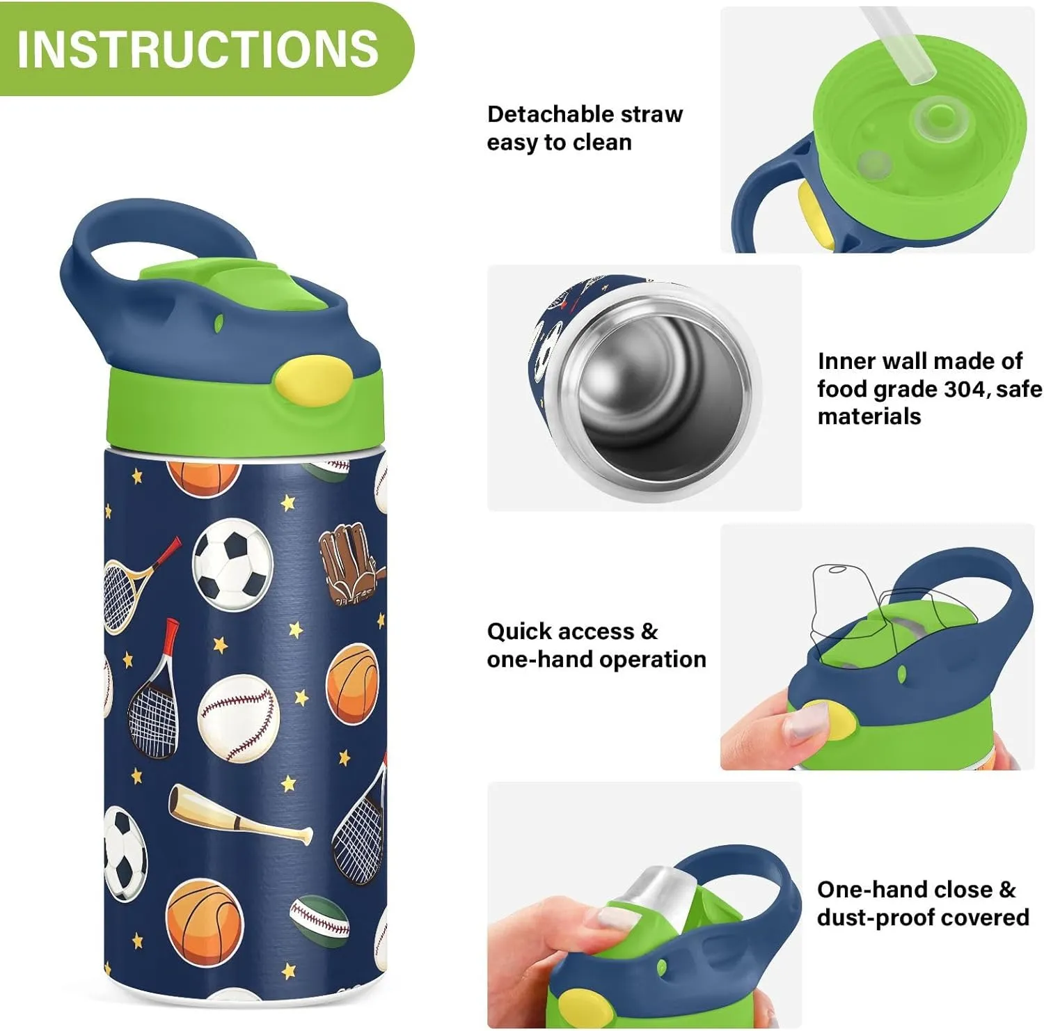 Soccer Basketball Tennis Kids Water Bottle with Straw Lid Insulated Tumbler with Handle Stainless Steel Reusable Toddlers Cup for Kids Boys 12 oz