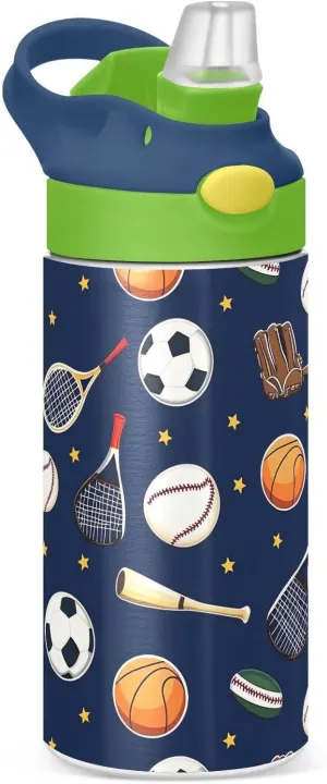 Soccer Basketball Tennis Kids Water Bottle with Straw Lid Insulated Tumbler with Handle Stainless Steel Reusable Toddlers Cup for Kids Boys 12 oz