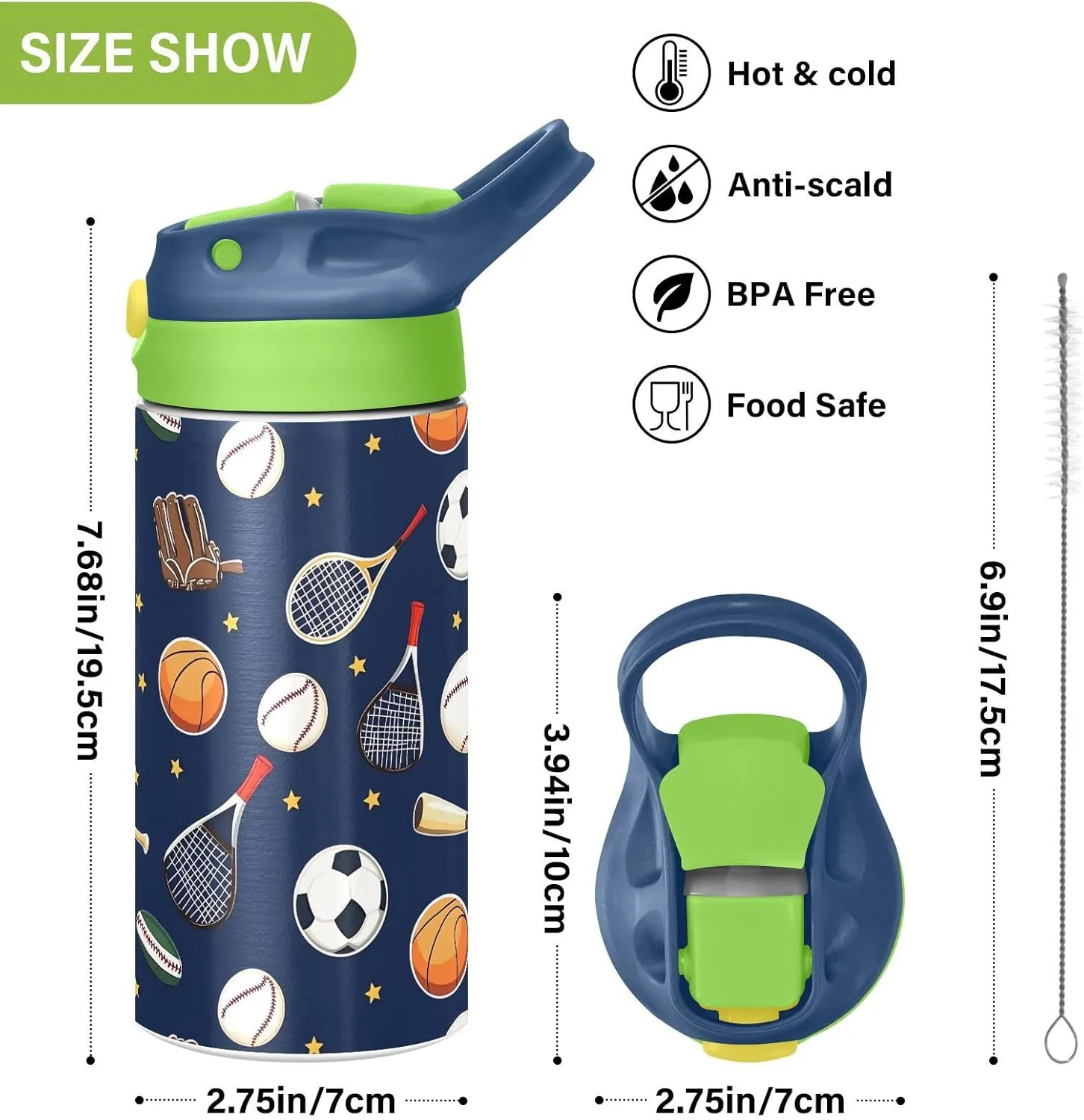 Soccer Basketball Tennis Kids Water Bottle with Straw Lid Insulated Tumbler with Handle Stainless Steel Reusable Toddlers Cup for Kids Boys 12 oz