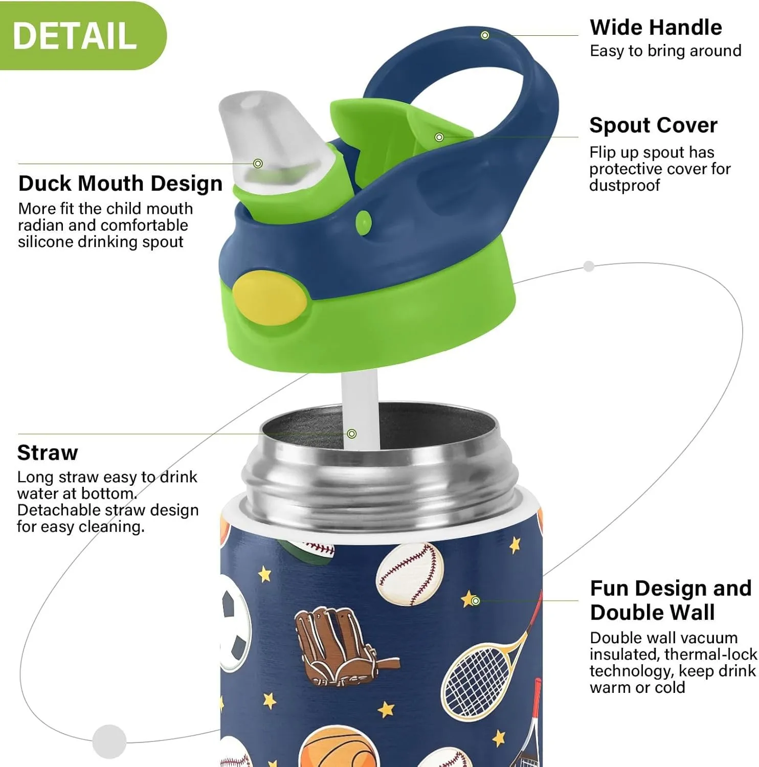Soccer Basketball Tennis Kids Water Bottle with Straw Lid Insulated Tumbler with Handle Stainless Steel Reusable Toddlers Cup for Kids Boys 12 oz