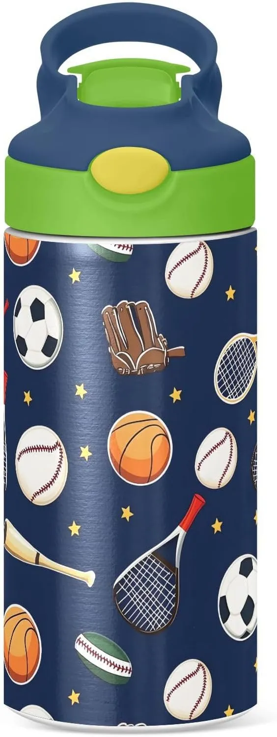 Soccer Basketball Tennis Kids Water Bottle with Straw Lid Insulated Tumbler with Handle Stainless Steel Reusable Toddlers Cup for Kids Boys 12 oz