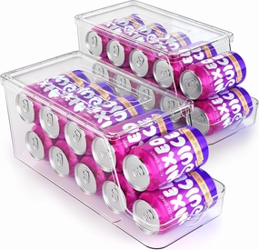 Soda Can Dispenser for Refrigerator with Lids, Stackable Drink Organizer for Fridge, Clear Plastic Refrigerator Organizer Bins, Beverage Can Holders for Pantry, Freezer, Kitchen, Cabinets Set of 2