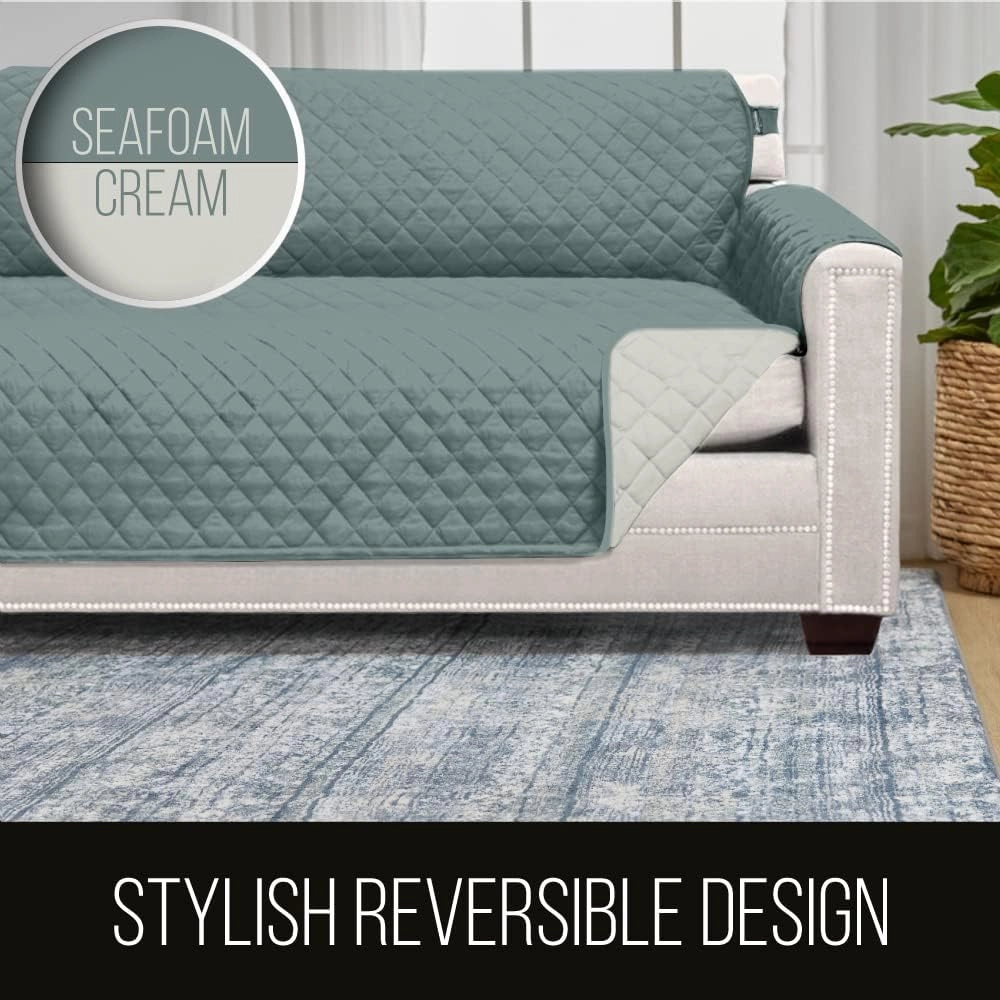 Sofa Shield Patented Slipcover, Reversible Tear Resistant Soft Quilted Microfiber, 54 inch Seat Width, Durable Furniture Stain Protector with Straps, Washable Couch Cover for Dogs, Kids, Seafoam/Cream
