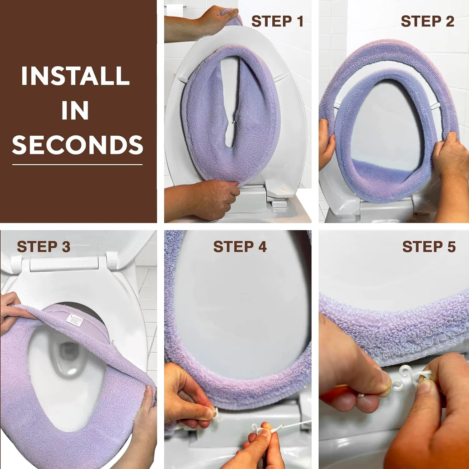Soft Toilet Seat Cover - Plush & Thick Fabric Toilet Seat Warmer for Round & Elongated 14x18" Toilet Seats - Reusable, Machine-Washable, Easy-Install - Gift-Ready Packaging - Purple Ash