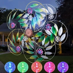 Solar Wind Spinner Metal Garden Decor, Wind Spinners Outdoor Clearance, Multi Color Changing LED Solar Powered Glass Ball Kinetic Wind Sculptures Windmills for Yard Patio Outdoor Decoration