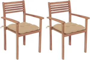 Solid Teak Wood Outdoor Stackable Patio Chairs with Beige Cushions – Set of 2, Durable Modern Design for Home, Office, Bar, or Café Use