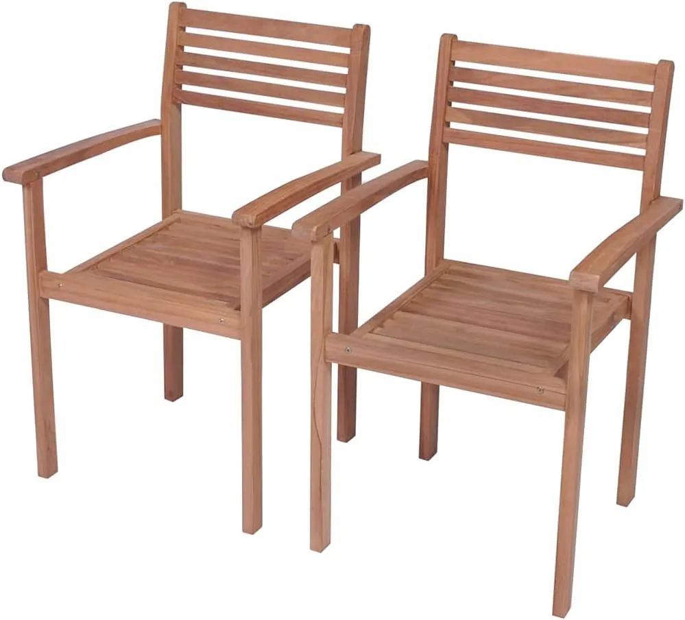 Solid Teak Wood Outdoor Stackable Patio Chairs with Beige Cushions – Set of 2, Durable Modern Design for Home, Office, Bar, or Café Use