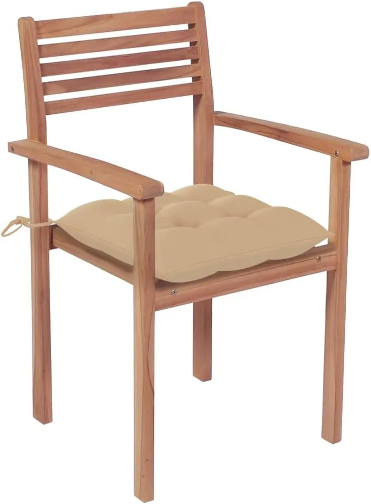 Solid Teak Wood Outdoor Stackable Patio Chairs with Beige Cushions – Set of 2, Durable Modern Design for Home, Office, Bar, or Café Use